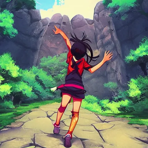 Image similar to “Indians jones as an anime girl running away from a rolling giant stone boulder trap, anime art”