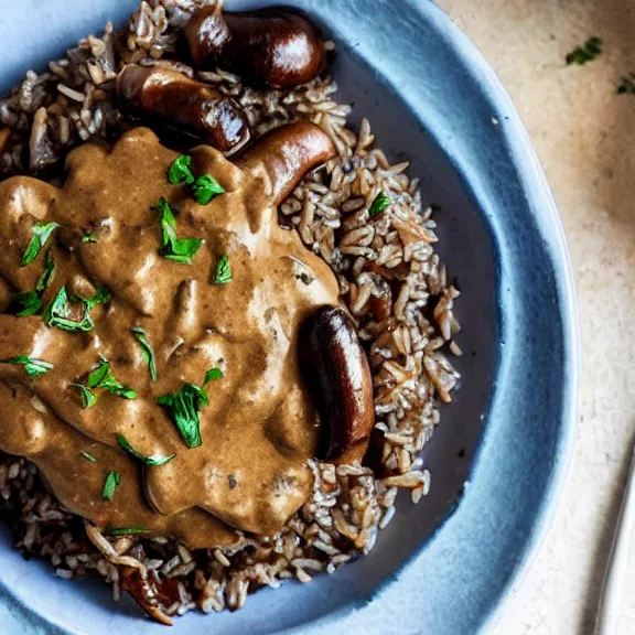 Image similar to brown mushroom sauce on rice, michelin star