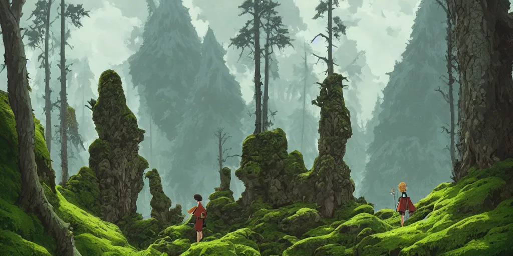 Image similar to a lonely forest background in transylvania, rocks, dead trees, a castle in the background, moss, in the style of studio ghibli, j. c. leyendecker, greg rutkowski, artgerm