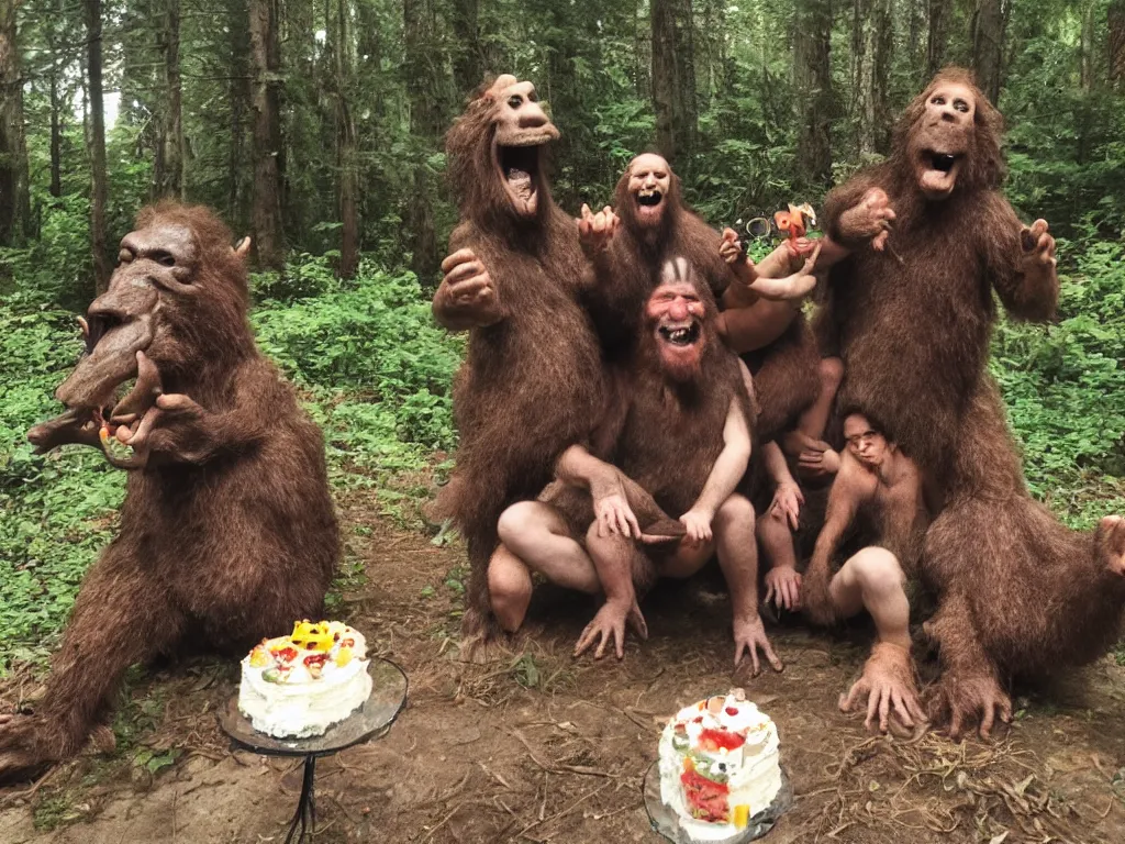 Image similar to photo, three hairy fat neanderthal people, emma!! watson!!, eating outside, surrounded by dinosaurs!, gigantic forest trees, sitting on rocks, bright moon, birthday cake on the ground, front view