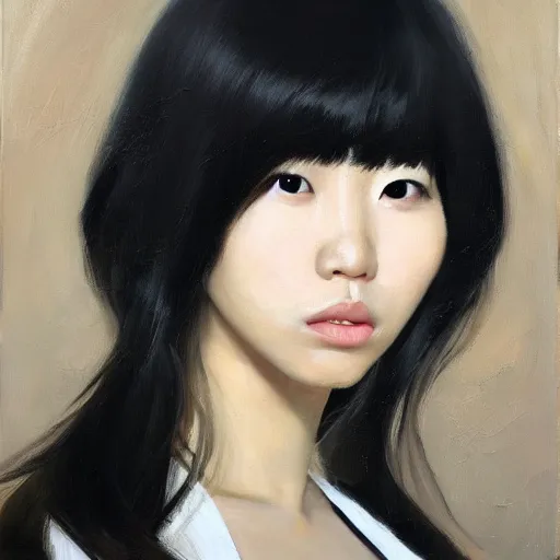 Image similar to portrait of a beautiful korean girl with long hair and bangs wearing a tuxedo, angular features, oil on canvas, elegant pose, masterpiece, Jonathan Yeo painting