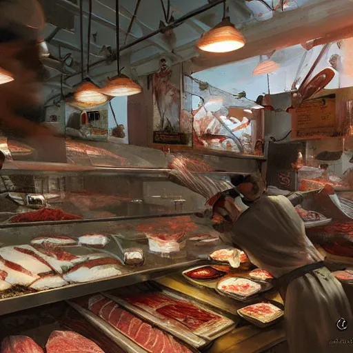 Image similar to low angle view of a butcher working, artwork by craig mullins, high details, octane, unreal engine, from below, worms - eye - view