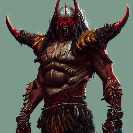 Prompt: demonic tribal warlord, artstation, character concept art, hyper-realism, artstation