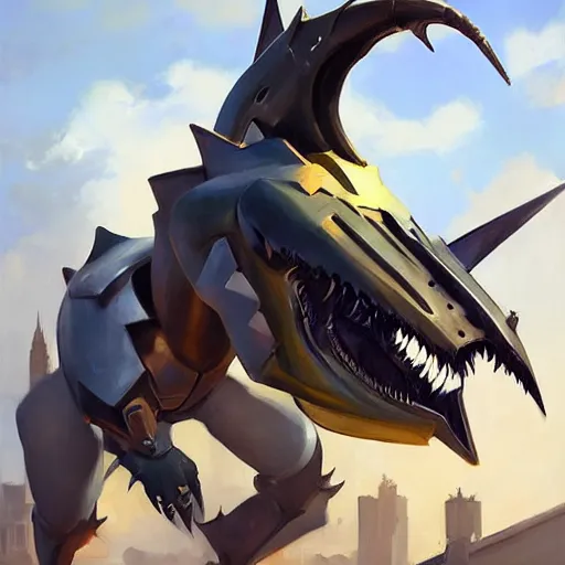 Image similar to greg manchess portrait painting of partially armored garchomp as overwatch character, medium shot, asymmetrical, profile picture, organic painting, sunny day, matte painting, bold shapes, hard edges, street art, trending on artstation, by huang guangjian, gil elvgren, ruan jia, greg rutkowski, gaston bussiere