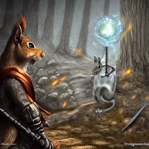 Prompt: squirrel as a dark souls boss using digital art