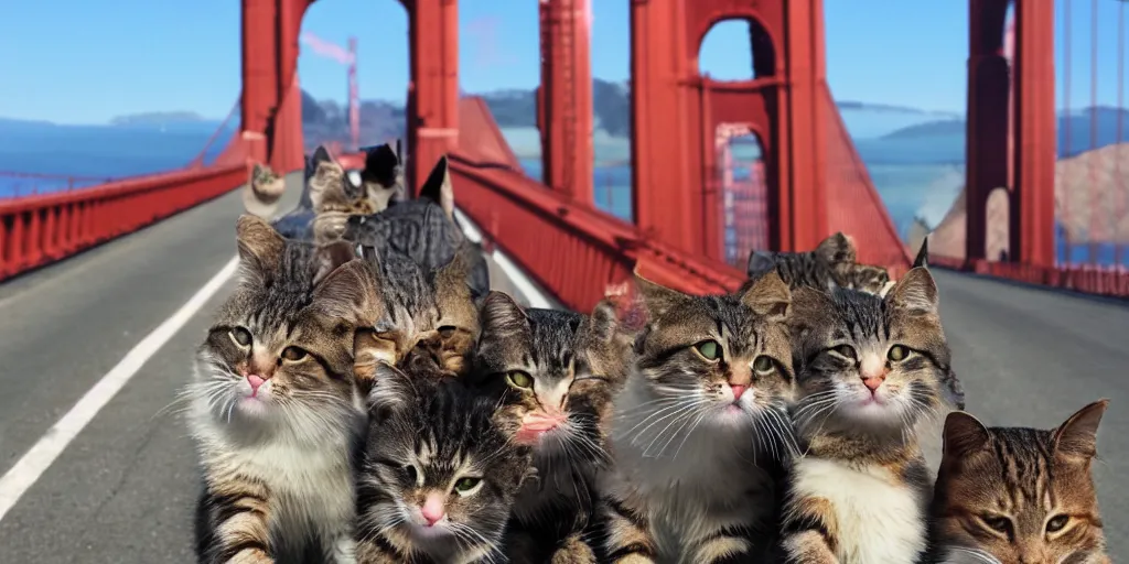 Image similar to cat gang walking across the golden gate bridge