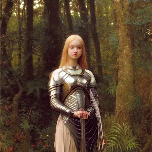 Image similar to a detailed, beautiful portrait oil painting of someone who looks an 1 8 - year old gemma ward, with a hurt expression, wearing intricate, full - plate iridescent armor in an ancient forest, by donato giancola, john williams waterhouse, and william adolphe bouguereau