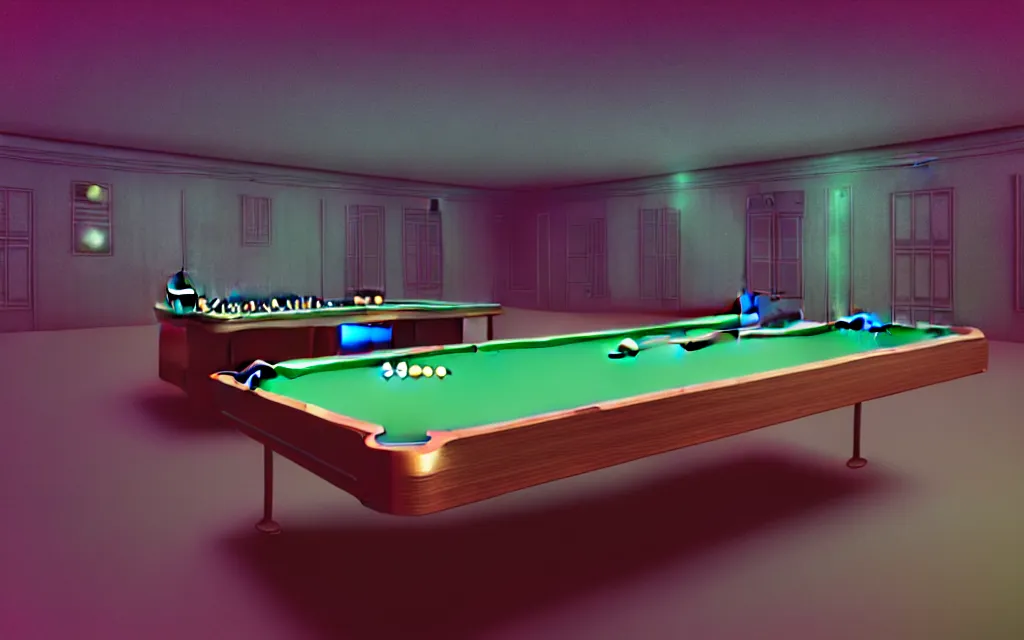 Prompt: the last hologram remnants of humanity playing billiards in a holodeck. a lonely bar teetering on the edge of the universe and the spectrum of oblivion encompasses all emotion