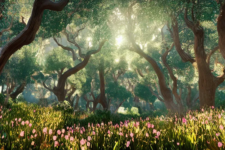 Image similar to diamond forest with gilded trees and jeweled flowers by unreal engine, photorealistic