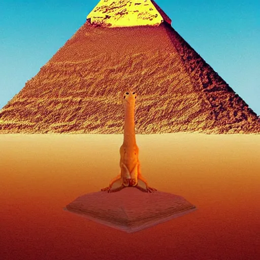 Prompt: lizard meditating in desert, pyramids, light shafts, wisps, sandstorm, light diffusion, godly, ascending, by moebius, digital art, beautiful, sacred, holy, surreal