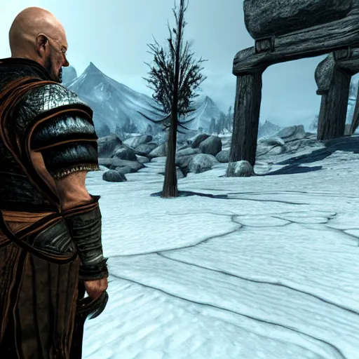 Prompt: Video game screenshot of Walter White as a guard NPC in the Elder Scrolls V Skyrim