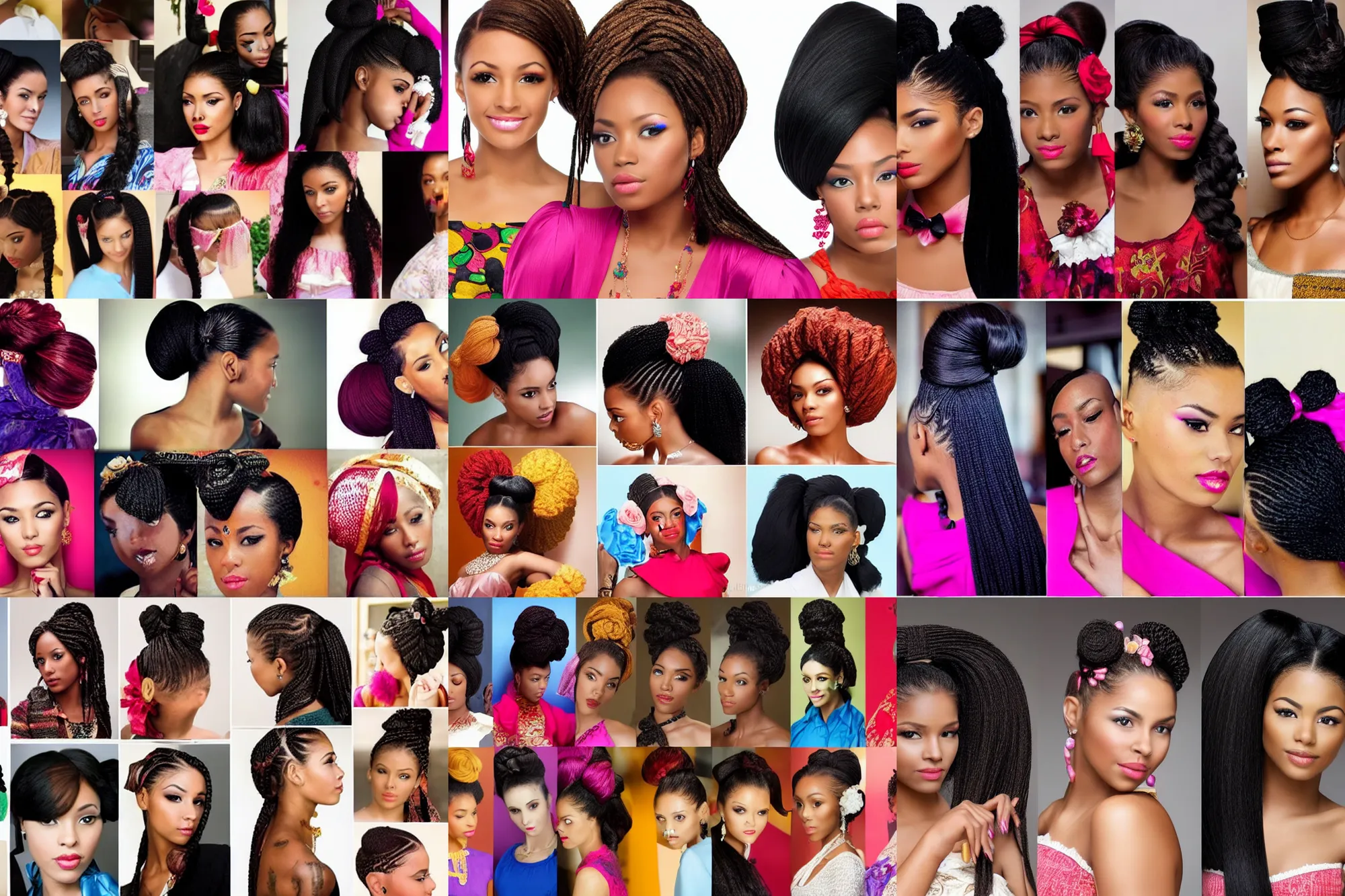 Prompt: traditional female hairstyles, various colors, latino fashion models