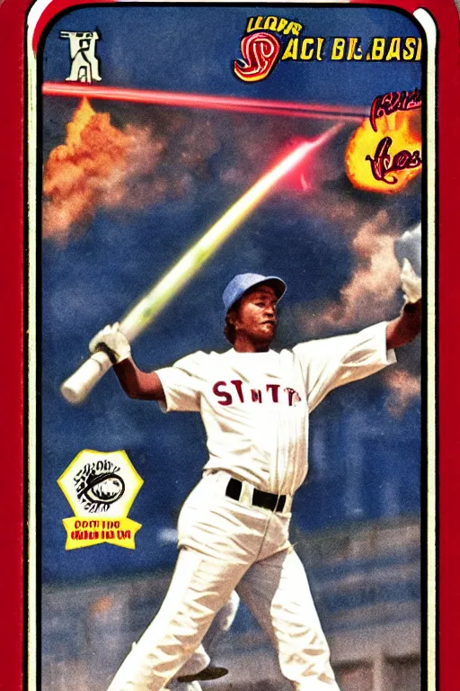 Image similar to baseball card of a player firing a laser blast out of a sci - fi rifle