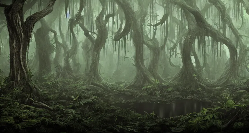 Image similar to A dense and dark enchanted forest with a swamp, by Artstation