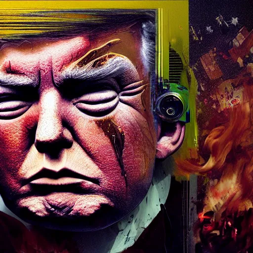 Image similar to Messy Baby Donald Trump covered in chocolate, cyberpunk, surrounded by smoke, award-winning art, hyperrealistic, by Sam Spratt, by Vlad Rodrig﻿u﻿e﻿z, trending on Artstation, dark, dramatic, cinematic, realistic studio lighting, raytracing, 4k, professional, canon