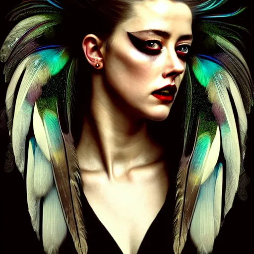 Prompt: hyperrealistic portrait of amber heard sorrowful tears makeup furious as a vampire witch in a black coat swan feathers in an ornate stone stained glass dark peacock. by jeremy mann and alphonse mucha, fantasy art, photo realistic, dynamic lighting, artstation, poster, volumetric lighting, very detailed faces, 4 k, award winning