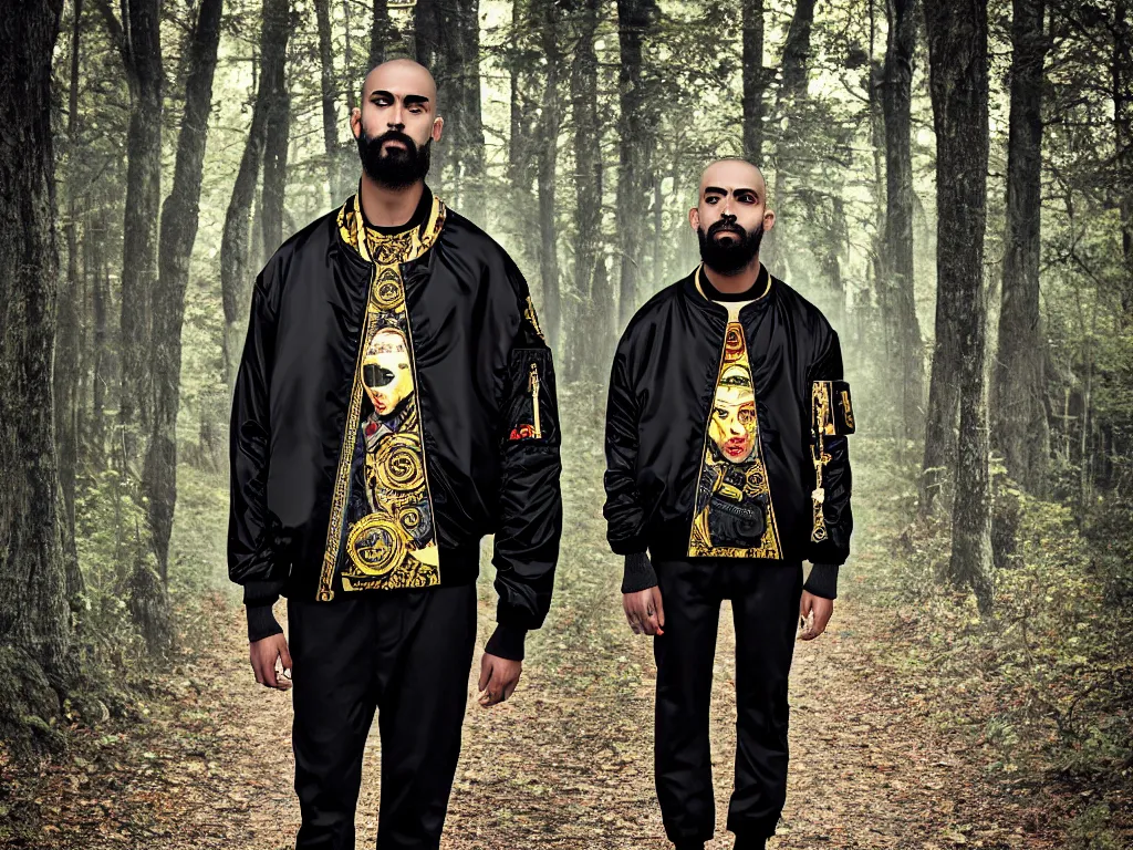 Prompt: versace avant garde male oversized bomber jacket necklace textiles streetwear cyberpunk black skin shaved head trimmed beard in the woods overcast late evening dramatic professional color 8 k hdr