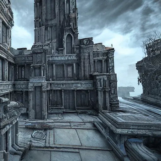 Image similar to architecture from quake, lovecraftian, liminal space, unreal engine 5, hyper detailed, hyper realistic