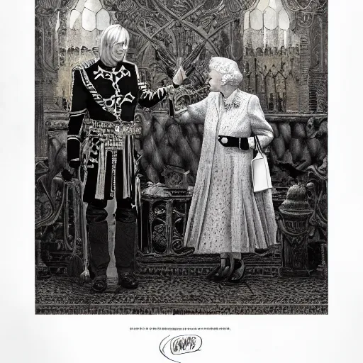 Image similar to Jimmy Saville being knighted by the Queen of England, detailed intricate ink illustration, happy atmosphere, detailed illustration, hd, 4k, digital art, overdetailed art, by greg rutkowski, by loish, complementing colors, Trending on artstation, movie poster style