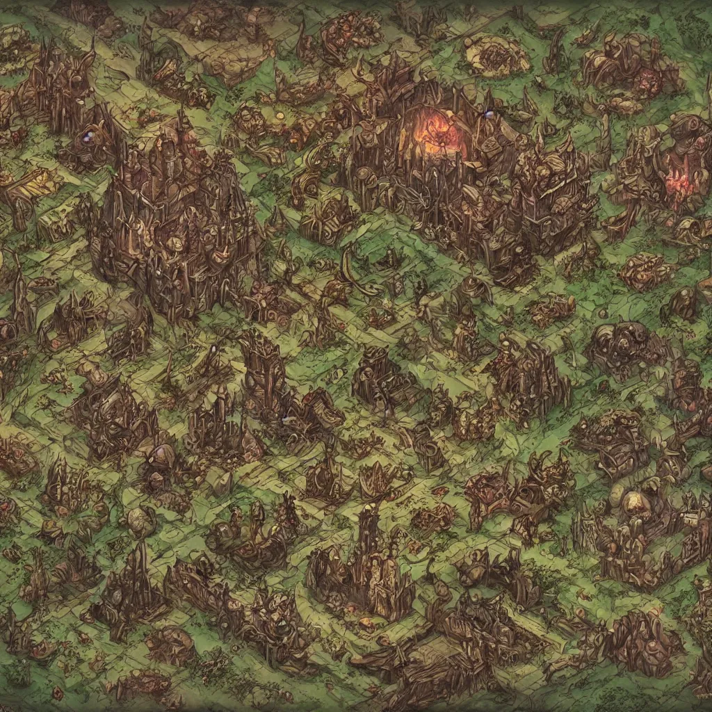 Prompt: an isometric dark fantasy map with flavors of disney, brian froud and hr giger