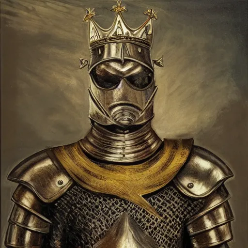 Image similar to knights armor, donald trump, crown, donald trump's face, detailed face, posing with a sword, by hans thoma