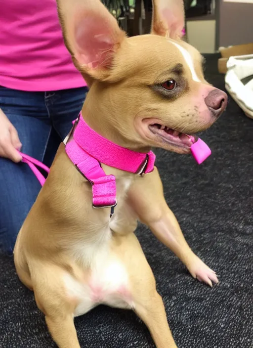 Image similar to fully grown tan pit bull, long - haired chihuahua, pomeranian mix, wearing a pink harness