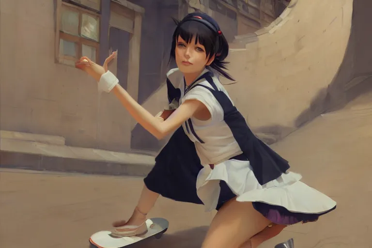 Image similar to A ultradetailed beautiful panting of a stylish woman in a maid outfit skateboarding, Oil painting, by Ilya Kuvshinov, Greg Rutkowski and Makoto Shinkai