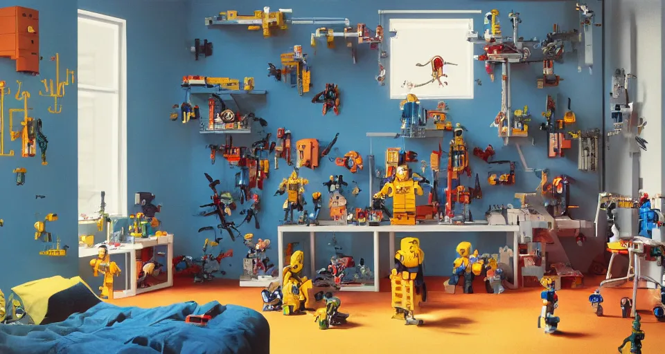 Image similar to IKEA catalogue photo, cyberpunk childrens bedroom, toys, lego, robots, drawings by Beksiński