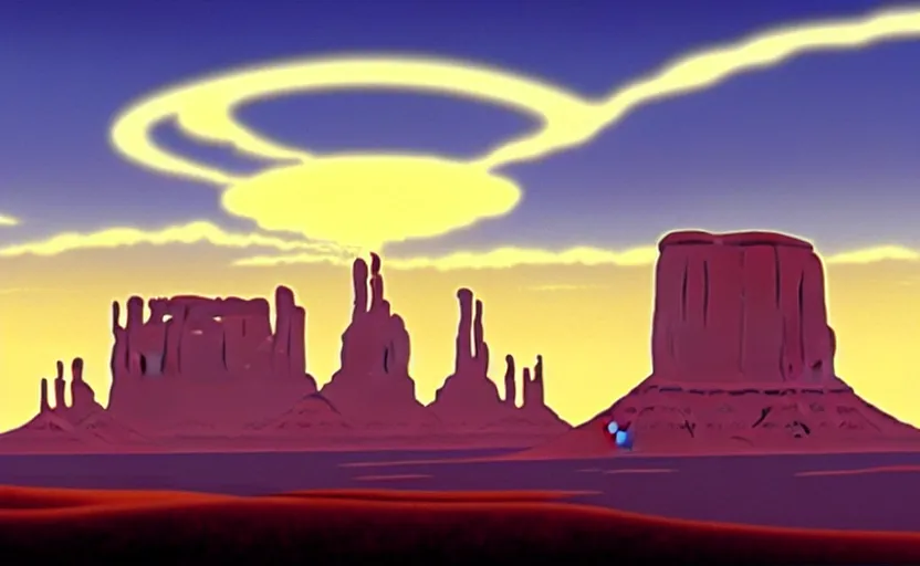 Image similar to a cell - shaded cartoon movie still from howl's moving castle ( 2 0 0 4 ) of a chrome ufo over a flooded monument valley at sunset. very dull muted colors, hd, 4 k, hq