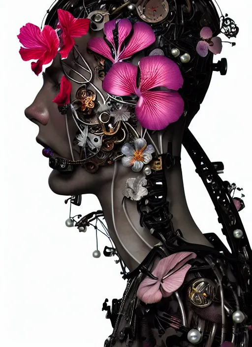 Image similar to fragile delicate biomechanical young female cyborg with porcelain translucent profile face and a big floral eye, big leaves foliage and stems, hibiscus flowers, boho floral fashion by alexander mcqueen, rim light, art nouveau fashion pearl embroidered collar, steampunk, on black background