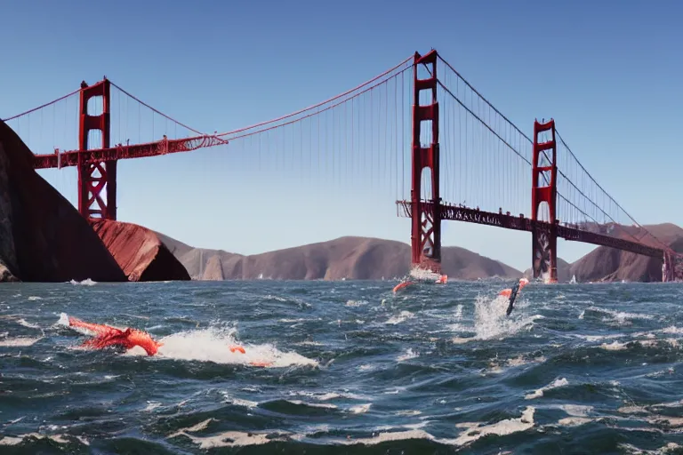 Image similar to golden gate bridge with sharks in water,