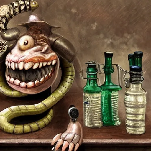 Image similar to a grinning anthropomorphic snake selling bottles of medicine, fantasy, steampunk, hr giger