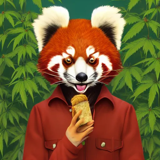 Image similar to anthropomorphic red panda, holding a bag of catnip, smoking a cigar, in front of hemp plants, happy dopey expression, squinting, beautiful lighting, high quality digital art, trending on artstation