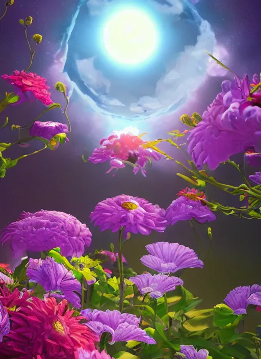 Image similar to An epic fantastic realism comic book style painting of the most beautiful flowers launched into space, bouquets, solar eclipse, fisheye, unreal 5, DAZ, hyperrealistic, octane render, dynamic lighting