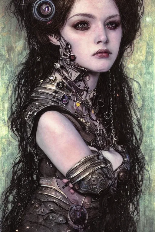 Image similar to portrait of beautiful young gothic maiden, cute face, cyberpunk, Warhammer, highly detailed, artstation, illustration, art by Gustav Klimt