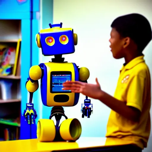 Prompt: a robot teaching kids in an elementary school, national geographic photography, 3 d