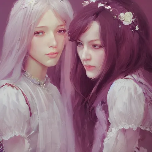 Image similar to a highly detailed portrait of sisters with purpure very very long hair, There are large snow-white peonies in the background, artstation, highly detailed, portrait, by krenz cushart