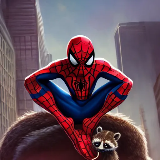 Image similar to spider - man sit on the raccoon and eating donuts, concept art, trending on artstation, highly detailed, intricate, sharp focus, digital art, 8 k