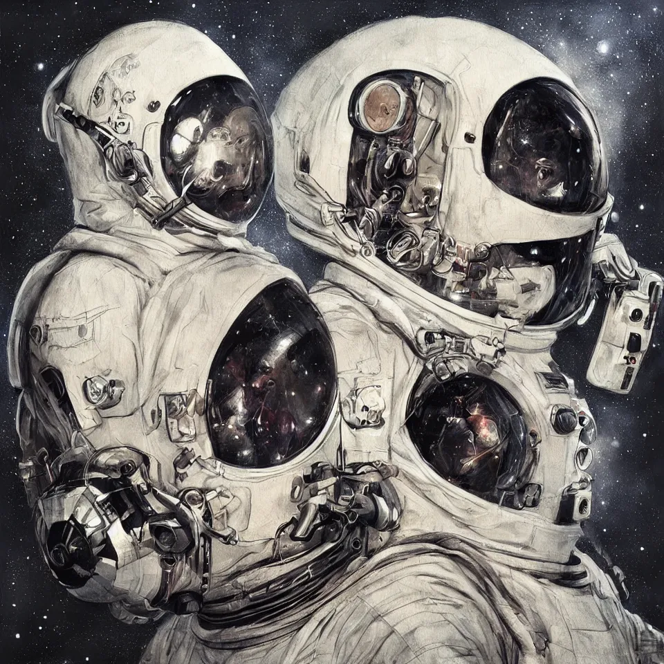 Image similar to album cover, portrait of a astronaut wearing head phones by ben templesmith, cinematic, epic composition, hd, digital painting, digital art, concept art, illustration, comic art, stylized, masterpiece, award - winning