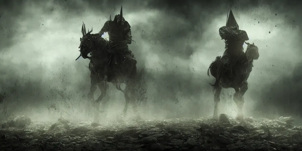 Image similar to Hyper realistic, Medieval horror, dark fantasy Horror, Medieval Knight, dark fantasy, horror, horror photography, cinematic, cinematic lighting, volumetric lighting, atmospheric, octane render, unreal engine, HD, phot, realistic, photo realistic, hyper realistic, hyper realism