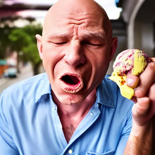 Prompt: old bald guy angrily eating ice cream