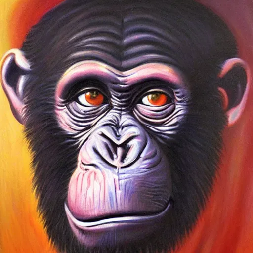 Image similar to portre of an autistic demonic chimpanzee on acid, masonic and kabalistic symbols in background, oil painting