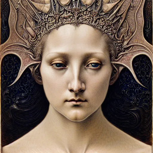 Image similar to detailed realistic beautiful young medieval queen face portrait by jean delville, gustave dore, iris van herpen and marco mazzoni, art forms of nature by ernst haeckel, art nouveau, symbolist, visionary, gothic, pre - raphaelite, fractal lace, surrealityhorizontal symmetry