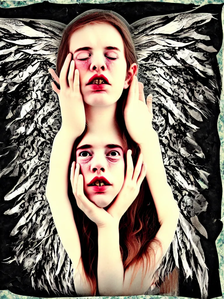 Image similar to a young adult angelgirl soft crying with lots of hands on her face and ratty feathered angel wings, stressed and burnt out, collage effect, collaged, torn paper, overexposure, overexposed, high exposure