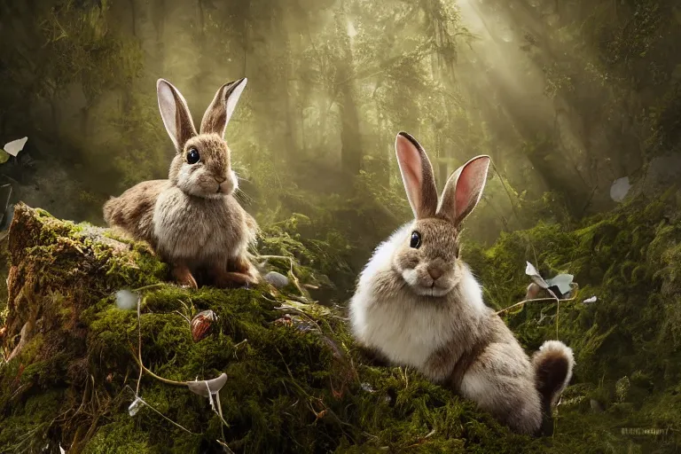 Prompt: photography print of taxidermy rabbit, majestic, stuffing of twigs and moss falling out, next on a cliff background, dappled lighting, backlit, by ellen jewett and dariusz zawadzki and brian froud and tom bagshaw, real, realistic, 8 k, high resolution, high definition, national geographics, professional wildlife photography