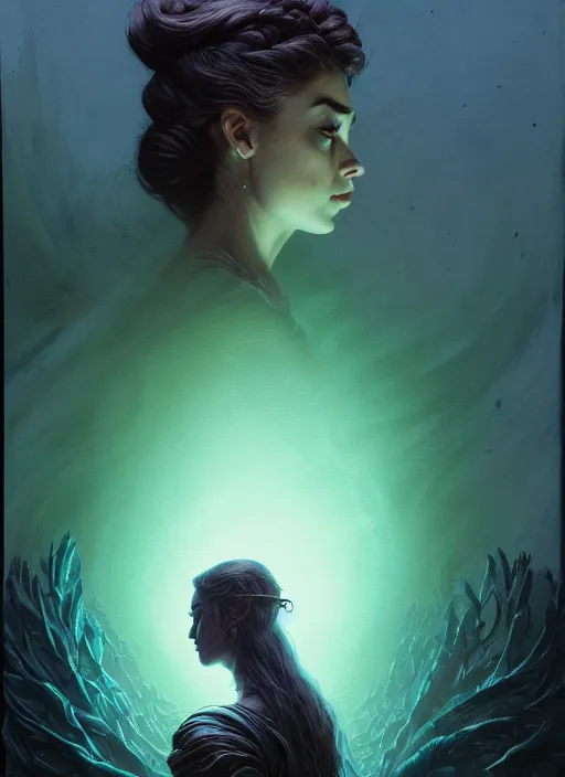 Image similar to side portrait, imogen poots, deathknight, gloomhaven, soft, smooth, luminescent, art nouveau tarot, haunting, pale green backlit glow, evil inky swirly ripples, sickly colors, 8 k, by greg rutkowski, jesper ejsing, rhads, ilya kuvshinov, cushart krenz