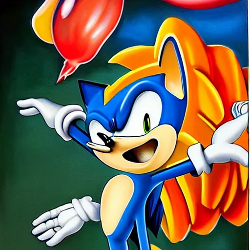 Image similar to beautiful lifelike painting of sonic the hedgehog blowing bubblegum in a wind tunnel, hyperreal detailed facial features and uv lighting, art by ed roth and basil wolverton