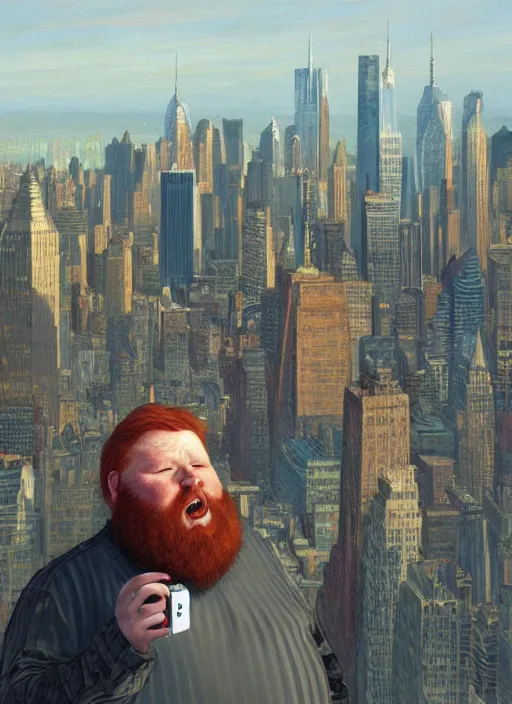 Image similar to a fat redheaded man with beard talking on a cell phone manhattan skyline in the background, intricate, elegant, highly detailed, centered, digital painting, artstation, concept art, smooth, sharp focus, illustration, art by james gurney and donato giancola and Joseph Christian Leyendecker