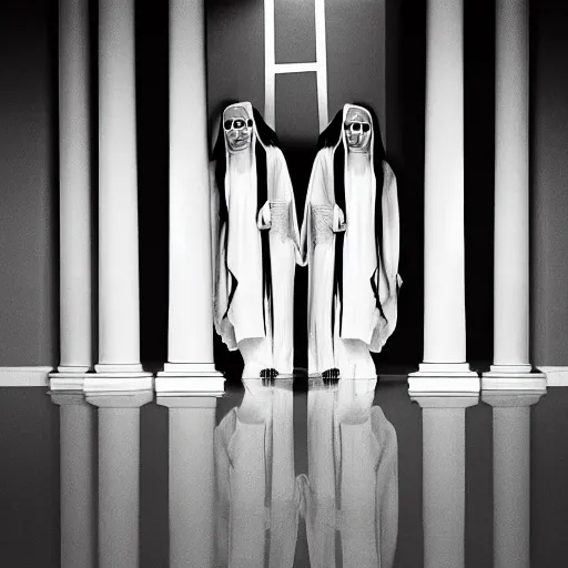 Prompt: nightmare vision, medium depth of field. black and white, award winning photo of smiling levitating twin nuns, wearing translucent sheet, Mary in a sanctuary, mirror hallways, eerie, tall columns, faces emerging from columns, frightening —width 1024 —height 1024