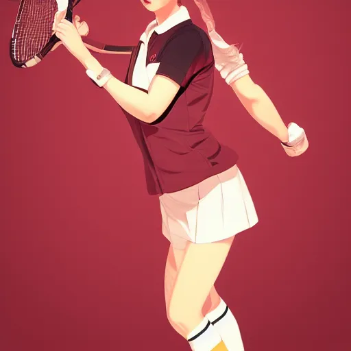 Prompt: a drawing of a woman holding a tennis racquet, a character portrait by Ilya Kuvshinov, cgsociety, shock art, ilya kuvshinov, 2d game art, official art